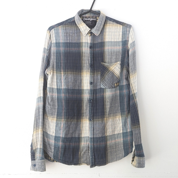 Desigual Men's Multicolor Plaid Button-Down Patchwork Accents Muslin Shirt ~ S/M - Picture 3 of 7